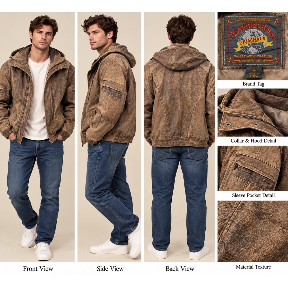 Adventure Bound Leather Bomber Jacket Mens L Brown Vintage Americana 4075